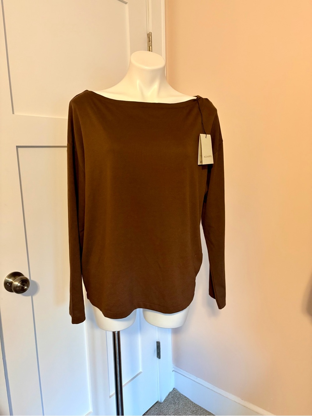 AllSaints Brown Long-Sleeve Boatneck Top